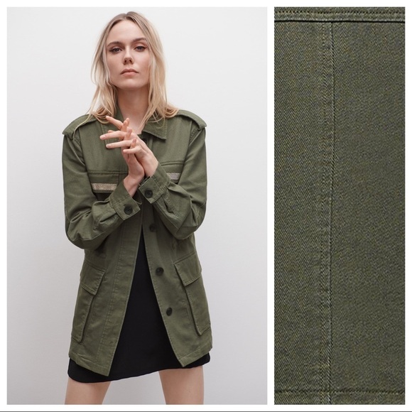 NWT. Zara Khaki Shiny Combined Jacket. Size XS. - Picture 3 of 9